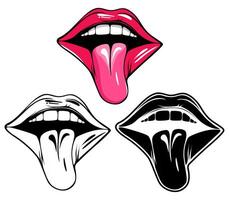 set Tongue pink in open mouth icon vector