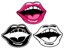 conjunto mujer boca abierto icono. hembra sonriente labios dibujos animados vector