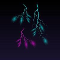 Lightning effect in trendy neon colors. Thunder electric light effects isolated on dark background. Discharge electric current. vector