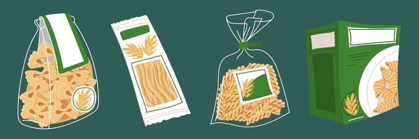 un conjunto de italiano pasta en varios paquetes papel caja, el plastico bolsas. un plano ilustración diseñado para almacenamiento. para culinario temas y comida marketing. aislado colección en azul en un fila vector