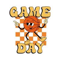 Groovy character basketball. Funny cartoon trendy retro style basketball character. Basketball. Doodle comic illustration basketball. Lettering, game day. vector