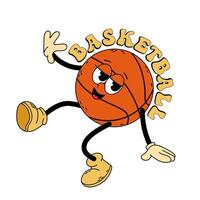 Groovy character basketball. Funny basketball ball with inscription cartoon trendy retro style. Basketball. Doodle comic illustration basketball. vector