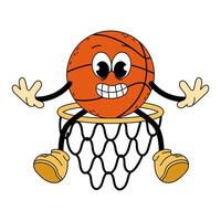 Groovy character basketball. Cartoon trendy retro style basketball character in a hoop. Doodle comic illustration basketball. Basketball. vector
