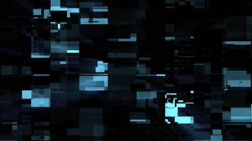 astratto animazione di luminosa blu hi-tech elementi nel un' forma di in movimento e trasformando digitale glitch su un' brillante buio sfondo , movimento grafica , 4k , 60 fps video