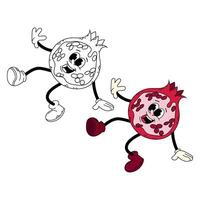 Ripe half pomegranate. Funny cartoon retro groovy half pomegranate character in flat style. Pomegranate doodle character. vector