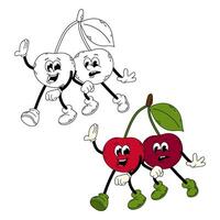 Ripe cherries. Funny cartoon retro groovy cherries character in flat style. Cherries doodle character. vector