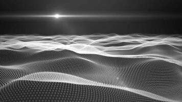 Monochrome 3D background with flying over abstract field of smoothly moving white particle waves with bright light on a black background and soft glow effect , motion graphics , 4k , 60 fps video