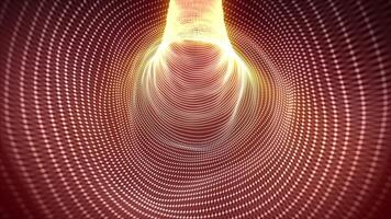 senza soluzione di continuità ciclo continuo animazione di volante attraverso astratto caldo tunnel fatto di raggiante particella onde con bianca e giallo brillare effetto su un' buio Marrone sfondo , movimento grafica, loop , 4k , 60 fps video