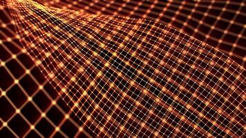 Seamless loop animation of abstract wallpaper with slowly spinning golden grid made of shiny dots and lines with bright glow effect on a dark background , motion graphics, looped , 4k , 60 fps video