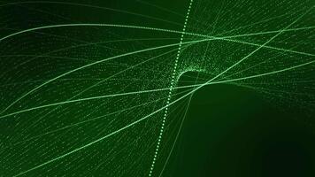 Seamless loop animation of abstract green wave of bright particles and curvy lines smoothly spinning around with deep glow effect on a dark background , motion graphics , looped , 4k , 60 fps video