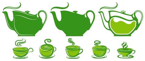 conjunto matcha té icono. tetera con verde té. té taza matcha logo herbario té vector