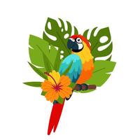 Parrot in tropical plants on a white background. Tropical birds in flat style. Summer print with parrot and tropical flowers. vector