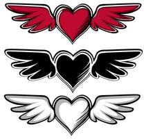 set hand drawn heart with wing icon. angel love fly vector