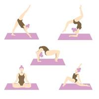 Set of sportive young woman doing yoga fitness exercises. Healthy lifestyle. Collection of female cartoon characters demonstrating various yoga positions isolated on white background - vector