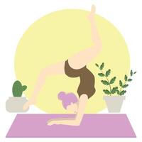 juguetón joven mujer haciendo yoga aptitud ejercicios en el estera, cerca plantas. sano estilo de vida. colección de hembra dibujos animados caracteres demostrando varios yoga posiciones aislado en blanco antecedentes vector