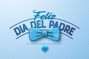 Happy Father's Day Greeting Card Design with Dotted Bow Tie and Heart on Light Blue Background. Feliz Dia del Padre Spanish Language Illustration for Loved and Best Dad. Template for Banner vector