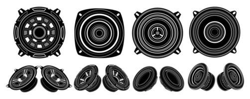 Set powerful car speaker icons. sound system audio logo. loudspeakers design vector