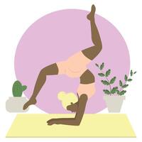 juguetón negro joven mujer haciendo yoga aptitud ejercicios en el estera, cerca plantas. sano estilo de vida. colección de hembra dibujos animados caracteres demostrando varios yoga posiciones aislado en blanco vector