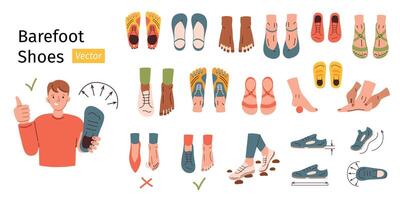 Barefoot shoes collection, man showing anatomic footwear, doodle icons of sandals, boots and sneakers, illustrations of minimalist shoes, cartoon character feet, thin flexible sole, infographic vector