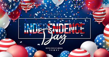 4to de julio independencia día de el Estados Unidos ilustración con americano bandera modelo fiesta globo y que cae papel picado en oscuro azul antecedentes. cuarto de julio nacional celebracion diseño con vector