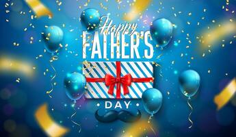 Happy Father's Day Greeting Card Design with Gift Box and Mustache on Shiny Party Background. Celebration Illustration with Balloon and Falling Confetti for Best Dad. Template for Banner, Flyer vector