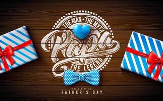 Happy Father's Day Greeting Card Design with Striped Bow Tie, Mustache and Gift Box on Vintage Wood Background. Celebration Illustration for Best Dad. Template for Banner, Post Card, Flyer vector