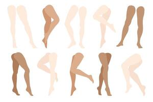 Bare woman legs. Female smooth skin in tights, girl sensual foot with raised shin, woman leg in tights. flat set vector