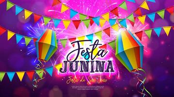 festa junina ilustración con vistoso fiesta banderas y papel linterna en Fuegos artificiales antecedentes. Brasil tradicional junio sao joao festival diseño para bandera, saludo tarjeta, invitación o fiesta vector