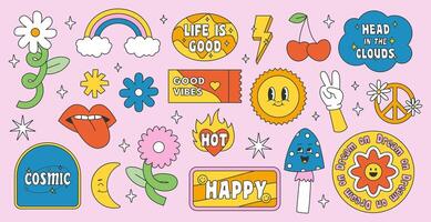 Retro 70s groovy elements. Cute funky hippy stickers. Cartoon daisy flowers, mushrooms, heart, rainbow, hippie sticker set. Positive symbols or badges isolated on white. vector