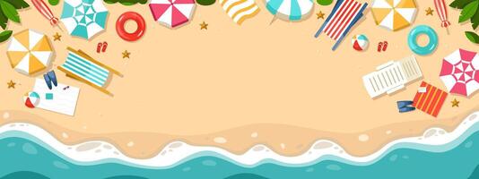 dibujos animados playa parte superior vista. verano mar paisaje con arena y sombrillas, Oceano agua y sol, vacaciones y relajación. antecedentes vector