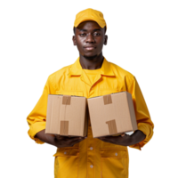 un entrega hombre en un amarillo uniforme es participación dos cajas png