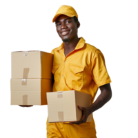 un entrega hombre en un amarillo uniforme es participación dos cajas png