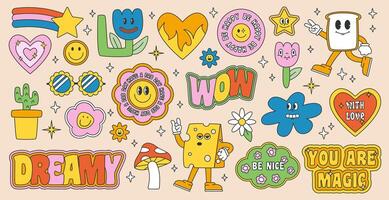 Retro 70s groovy elements and characters. Cute funky hippy stickers. Cartoon daisy flowers, mushroom, heart. Colorful hippie sticker set. Badges isolated on white background. vector