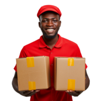A delivery man in a red uniform is holding two boxes png
