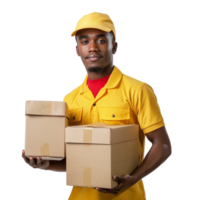 un entrega hombre en un amarillo uniforme es participación dos cajas png