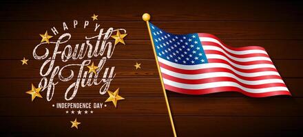 4to de julio independencia día de el Estados Unidos ilustración con americano bandera, oro estrella y tipografía letras en Clásico madera antecedentes. cuarto de julio nacional celebracion diseño con vector