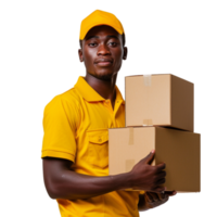 A delivery man in a yellow uniform is holding two boxes png