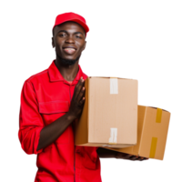 A delivery man in a red uniform is holding two boxes png