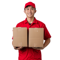 A man in a red uniform is holding two cardboard boxes png