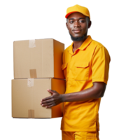 A delivery man in a yellow uniform is holding two boxes png