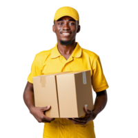 A delivery man in a yellow uniform is holding two boxes png