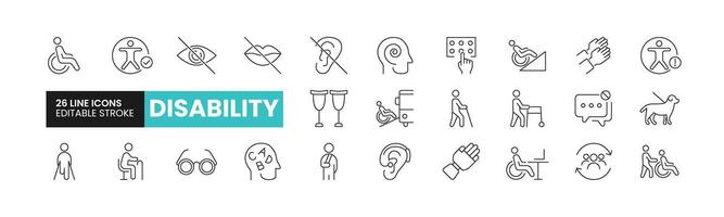 Set of 26 Disability line icons set. Disability outline icons with editable stroke collection. Includes Blindness, Deafness, Care Taker, Hearing Aid, Myopia, and More. vector