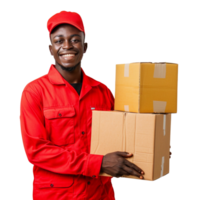 A delivery man in a red uniform is holding two boxes png