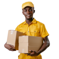 A delivery man in a yellow uniform is holding two boxes png