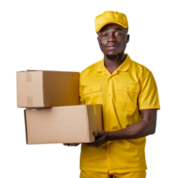 un entrega hombre en un amarillo uniforme es participación dos cajas png