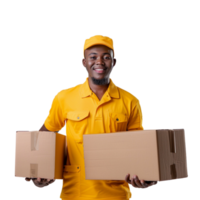 A delivery man in a yellow uniform is holding two boxes png