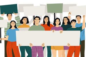 Public protest. Cartoon people with placards and protest signs, angry crowd with banners and placards, protest and riot concept. illustration vector