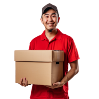 A man in a red uniform is holding two cardboard boxes, He is smiling and he is happy png