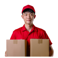 A man in a red uniform is holding two cardboard boxes, He is smiling and he is happy png