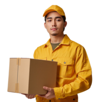 livraison homme en utilisant Jaune uniforme chemise png